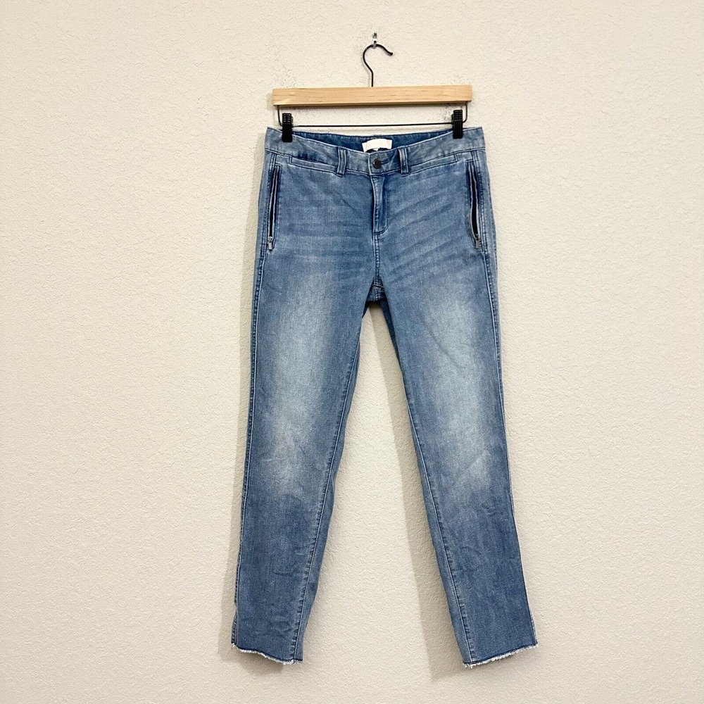 ETCETERA Distressed Twiggy Mid Rise Skinny Jeans w Zipped Pockets in Blue